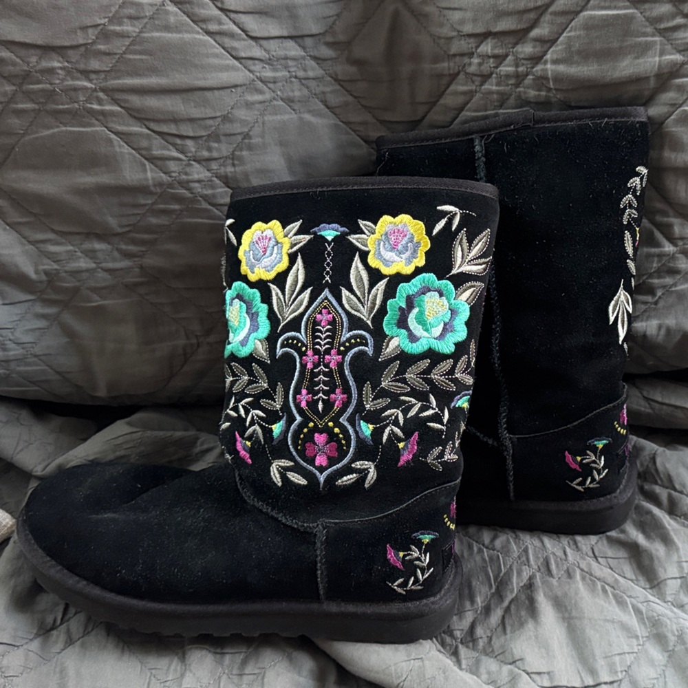 UGG Black Ankle Boots with Vibrant Embroidery - Picture 2 of 5